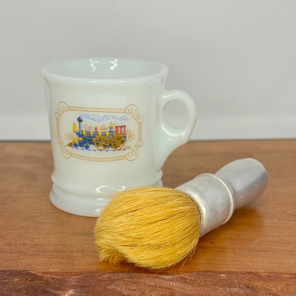 Vintage Avon Milk Glass Train Shaving Mug & Dubl Duck M-4 Aluminum Brush Set
